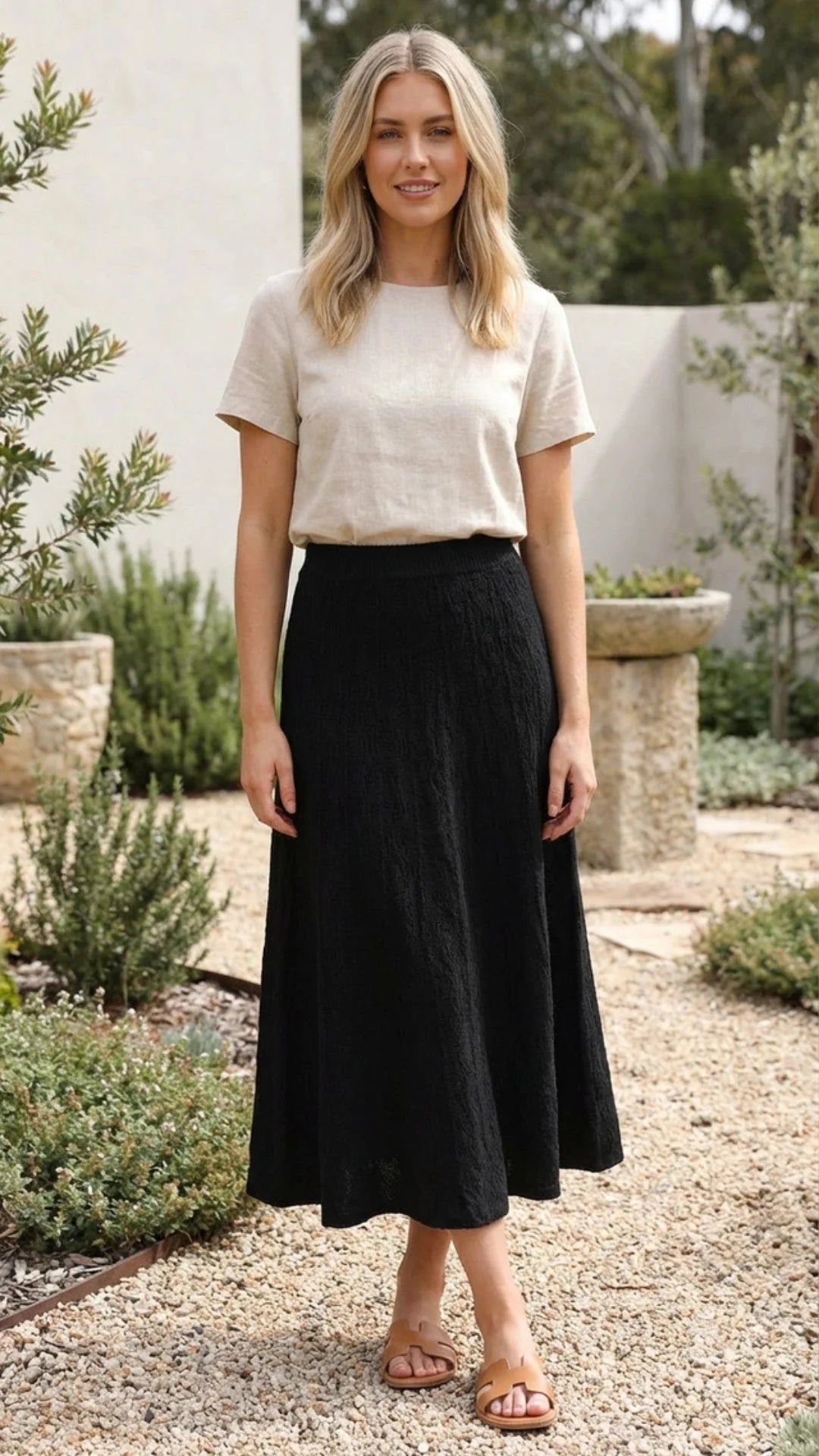 Chic and Comfortable Women's A-Line Midi Knit Skirt with Elastic Waist