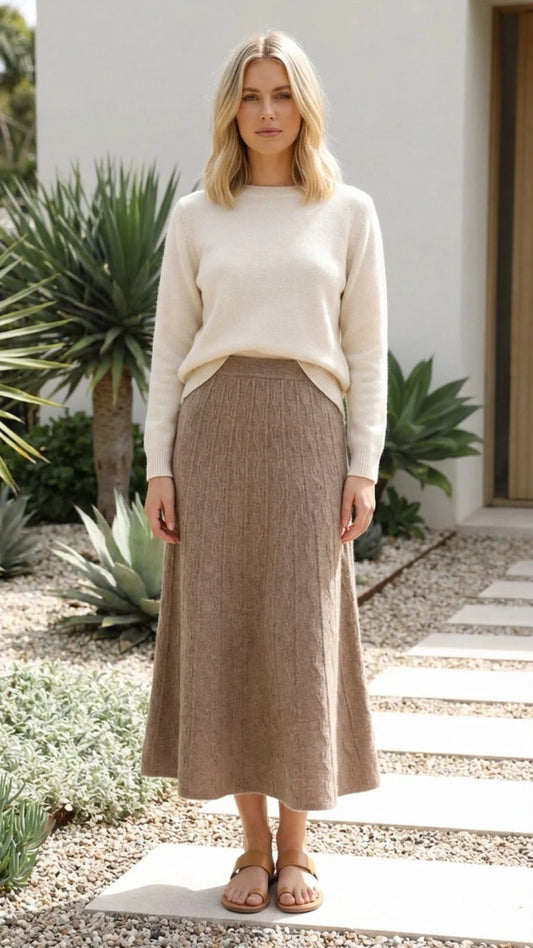 Chic and Comfortable Women's A-Line Midi Knit Skirt with Elastic Waist