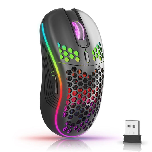 Experience Ultimate Comfort and Style with Our 2.4G Wireless RGB Backlit Gaming Mouse - 6 Buttons, 3-Speed DPI, and Rechargeable Ergonomic Honeycomb Design
